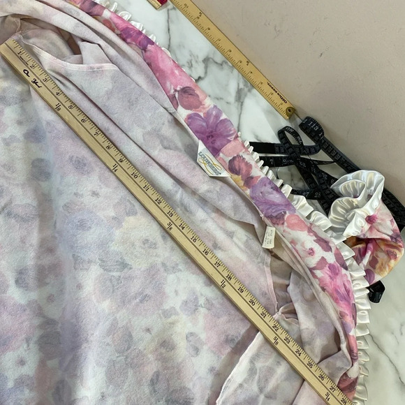 Vintage Loungees Robe Womens Sz Medium Pink Purple Floral 3/4 Sleeve Ruffle Trim - Picture 9 of 10